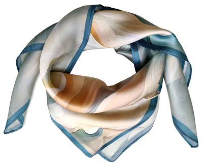 Foulard Shawl Silk Satin Flower Braun Blue White